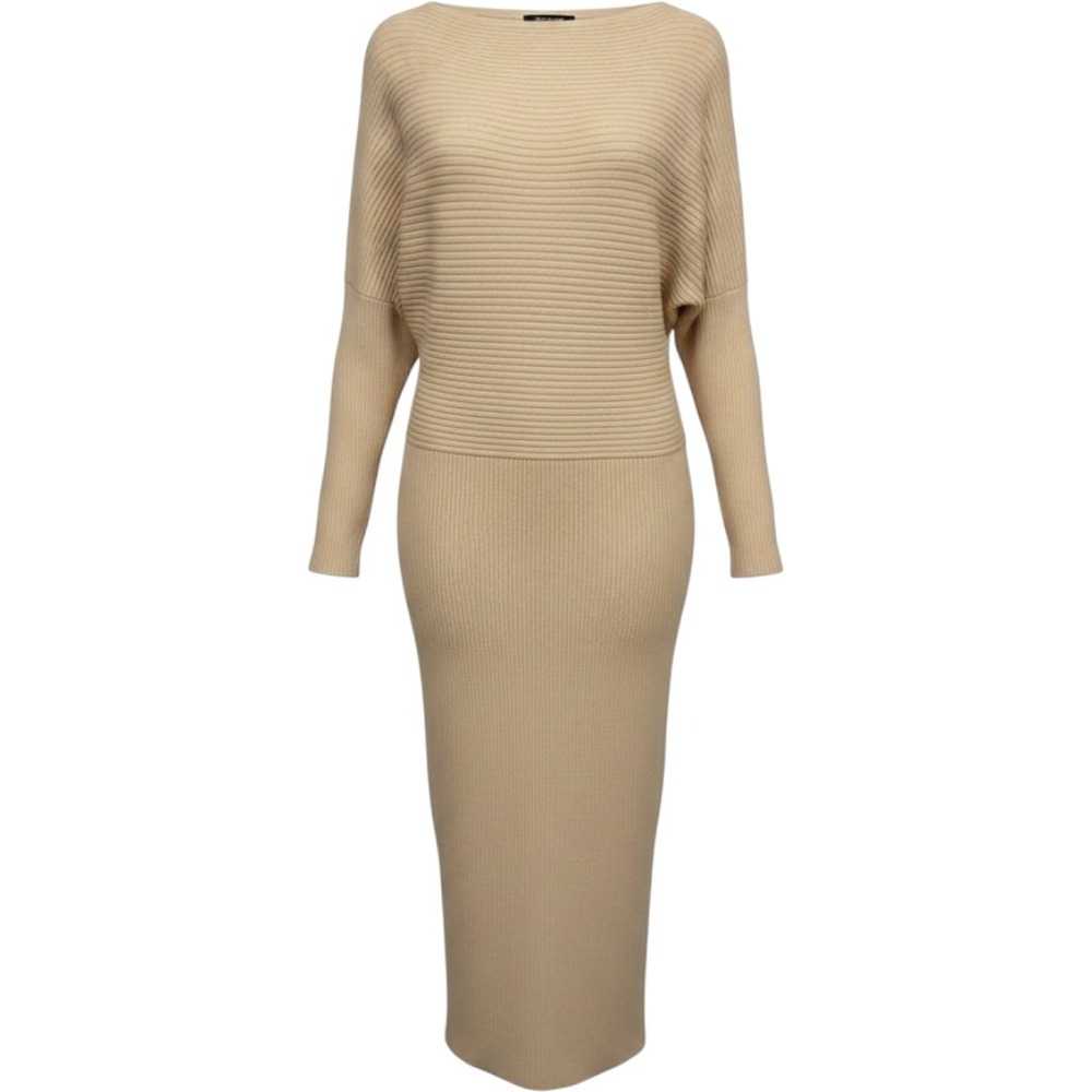 Steve Madden Cream Ribbed Batwing Knit Midi Dress Womens Medium Beige Boat Neck